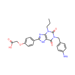 CCCn1c(=O)n(Cc2ccc(N)cc2)c(=O)c2[nH]c(-c3ccc(OCC(=O)O)cc3)nc21 ZINC000027769214