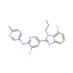 CCCn1c(-c2cnc(Nc3ccc(C)nc3)c(Cl)c2)nc2cccc(Cl)c21 ZINC000043201013