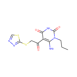 CCCn1c(N)c(C(=O)CSc2nncs2)c(=O)[nH]c1=O ZINC000007194900