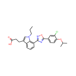 CCCn1cc(CCC(=O)O)c2cccc(-c3noc(-c4ccc(OC(C)C)c(Cl)c4)n3)c21 ZINC000084586802