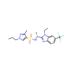 CCCn1cc(S(=O)(=O)N[C@H](C)c2nc3ccc(C(F)(F)F)cc3n2CC)c(C)n1 ZINC000144293588