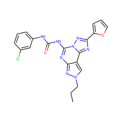 CCCn1cc2c(nc(NC(=O)Nc3cccc(Cl)c3)n3nc(-c4ccco4)nc23)n1 ZINC000013472317