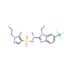 CCCn1ncc(S(=O)(=O)N[C@H](C)c2nc3ccc(C(F)(F)F)cc3n2CC)c1C ZINC000144483415