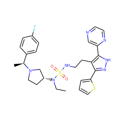 CCN([C@@H]1CCN([C@@H](C)c2ccc(F)cc2)C1)S(=O)(=O)NCCc1c(-c2cccs2)n[nH]c1-c1cnccn1 ZINC000072174359