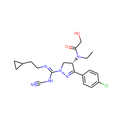 CCN(C(=O)CO)[C@H]1CN(/C(=N/CCC2CC2)NC#N)N=C1c1ccc(Cl)cc1 ZINC000653886005