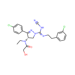 CCN(C(=O)CO)[C@H]1CN(/C(=N/CCc2cccc(Cl)c2)NC#N)N=C1c1ccc(Cl)cc1 ZINC000653880694