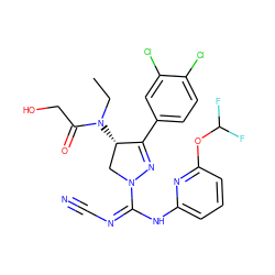 CCN(C(=O)CO)[C@H]1CN(C(=NC#N)Nc2cccc(OC(F)F)n2)N=C1c1ccc(Cl)c(Cl)c1 ZINC000653894997