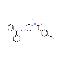 CCN(C(=O)Cc1ccc(C#N)cc1)C1CCN(CCC(c2ccccc2)c2ccccc2)CC1 ZINC000028347207