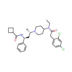 CCN(C(=O)Cc1ccc(Cl)cc1Cl)C1CCN([C@@H](C)C[C@H](NC(=O)C2CCC2)c2ccccc2)CC1 ZINC000044360946