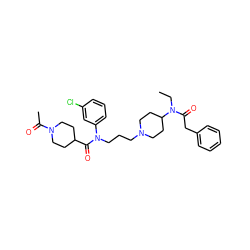 CCN(C(=O)Cc1ccccc1)C1CCN(CCCN(C(=O)C2CCN(C(C)=O)CC2)c2cccc(Cl)c2)CC1 ZINC000103234267