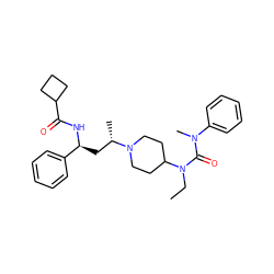 CCN(C(=O)N(C)c1ccccc1)C1CCN([C@@H](C)C[C@H](NC(=O)C2CCC2)c2ccccc2)CC1 ZINC000040392053