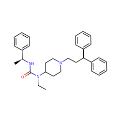 CCN(C(=O)N[C@@H](C)c1ccccc1)C1CCN(CCC(c2ccccc2)c2ccccc2)CC1 ZINC000028350289