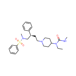 CCN(C(=O)NC)C1CCN(CC[C@@H](CN(C)S(=O)(=O)c2ccccc2)c2ccccc2)CC1 ZINC000026503663