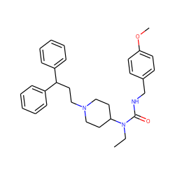 CCN(C(=O)NCc1ccc(OC)cc1)C1CCN(CCC(c2ccccc2)c2ccccc2)CC1 ZINC000028347912