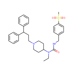 CCN(C(=O)NCc1ccc(S(C)(=O)=O)cc1)C1CCN(CCC(c2ccccc2)c2ccccc2)CC1 ZINC000028348184