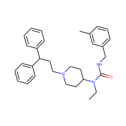 CCN(C(=O)NCc1cccc(C)c1)C1CCN(CCC(c2ccccc2)c2ccccc2)CC1 ZINC000028346647