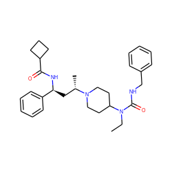 CCN(C(=O)NCc1ccccc1)C1CCN([C@@H](C)C[C@H](NC(=O)C2CCC2)c2ccccc2)CC1 ZINC000040867007