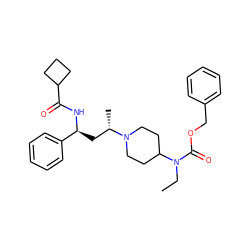 CCN(C(=O)OCc1ccccc1)C1CCN([C@@H](C)C[C@H](NC(=O)C2CCC2)c2ccccc2)CC1 ZINC000040867214