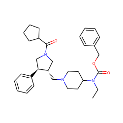 CCN(C(=O)OCc1ccccc1)C1CCN(C[C@H]2CN(C(=O)C3CCCC3)C[C@@H]2c2ccccc2)CC1 ZINC000003921853