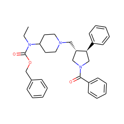 CCN(C(=O)OCc1ccccc1)C1CCN(C[C@H]2CN(C(=O)c3ccccc3)C[C@@H]2c2ccccc2)CC1 ZINC000003921850