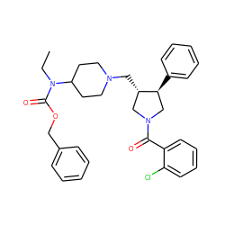 CCN(C(=O)OCc1ccccc1)C1CCN(C[C@H]2CN(C(=O)c3ccccc3Cl)C[C@@H]2c2ccccc2)CC1 ZINC000003921846