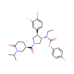 CCN(C(=O)Oc1ccc(F)cc1)[C@@H]1CN(C(=O)[C@@H]2CCC(=O)N(C(C)C)C2)C[C@H]1c1ccc(Cl)c(F)c1 ZINC000117719256