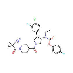 CCN(C(=O)Oc1ccc(F)cc1)[C@@H]1CN(C(=O)C2CCN(C(=O)C3(C#N)CC3)CC2)C[C@H]1c1ccc(Cl)c(F)c1 ZINC000117714680