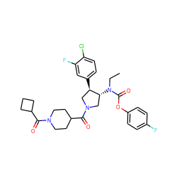 CCN(C(=O)Oc1ccc(F)cc1)[C@@H]1CN(C(=O)C2CCN(C(=O)C3CCC3)CC2)C[C@H]1c1ccc(Cl)c(F)c1 ZINC000117723493