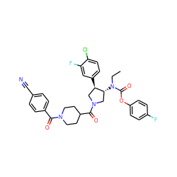 CCN(C(=O)Oc1ccc(F)cc1)[C@@H]1CN(C(=O)C2CCN(C(=O)c3ccc(C#N)cc3)CC2)C[C@H]1c1ccc(Cl)c(F)c1 ZINC000117705595