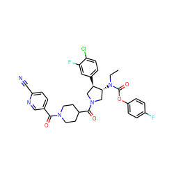 CCN(C(=O)Oc1ccc(F)cc1)[C@@H]1CN(C(=O)C2CCN(C(=O)c3ccc(C#N)nc3)CC2)C[C@H]1c1ccc(Cl)c(F)c1 ZINC000117709904