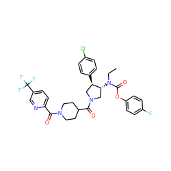 CCN(C(=O)Oc1ccc(F)cc1)[C@@H]1CN(C(=O)C2CCN(C(=O)c3ccc(C(F)(F)F)cn3)CC2)C[C@H]1c1ccc(Cl)cc1 ZINC000163888815