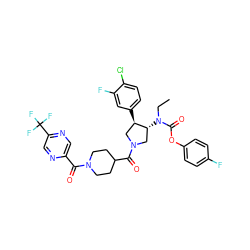 CCN(C(=O)Oc1ccc(F)cc1)[C@@H]1CN(C(=O)C2CCN(C(=O)c3cnc(C(F)(F)F)cn3)CC2)C[C@H]1c1ccc(Cl)c(F)c1 ZINC000163926324