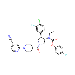 CCN(C(=O)Oc1ccc(F)cc1)[C@@H]1CN(C(=O)C2CCN(c3cc(C#N)ccn3)CC2)C[C@H]1c1ccc(Cl)c(F)c1 ZINC000117730427