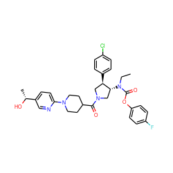 CCN(C(=O)Oc1ccc(F)cc1)[C@@H]1CN(C(=O)C2CCN(c3ccc([C@@H](C)O)cn3)CC2)C[C@H]1c1ccc(Cl)cc1 ZINC000117716652