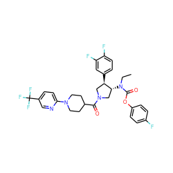 CCN(C(=O)Oc1ccc(F)cc1)[C@@H]1CN(C(=O)C2CCN(c3ccc(C(F)(F)F)cn3)CC2)C[C@H]1c1ccc(F)c(F)c1 ZINC000117715166