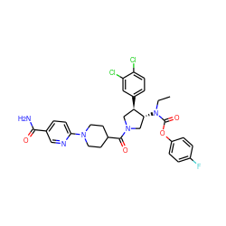 CCN(C(=O)Oc1ccc(F)cc1)[C@@H]1CN(C(=O)C2CCN(c3ccc(C(N)=O)cn3)CC2)C[C@H]1c1ccc(Cl)c(Cl)c1 ZINC000117721507