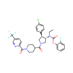 CCN(C(=O)Oc1ccccc1F)[C@@H]1CN(C(=O)C2CCN(C(=O)c3ccc(C(F)(F)F)cn3)CC2)C[C@H]1c1ccc(Cl)cc1 ZINC000163839070