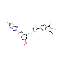 CCN(C(=O)c1ccc(-c2nc(COc3cc(OC)cc4oc(-c5cn6nc(OC)sc6n5)cc34)cs2)cc1)C(C)C ZINC000653685697