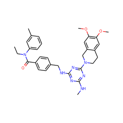 CCN(C(=O)c1ccc(CNc2nc(NC)nc(N3CCc4cc(OC)c(OC)cc4C3)n2)cc1)c1cccc(C)c1 ZINC000141247307