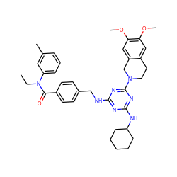 CCN(C(=O)c1ccc(CNc2nc(NC3CCCCC3)nc(N3CCc4cc(OC)c(OC)cc4C3)n2)cc1)c1cccc(C)c1 ZINC000140998892