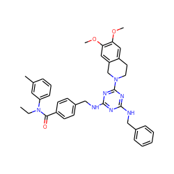 CCN(C(=O)c1ccc(CNc2nc(NCc3ccccc3)nc(N3CCc4cc(OC)c(OC)cc4C3)n2)cc1)c1cccc(C)c1 ZINC000198058816