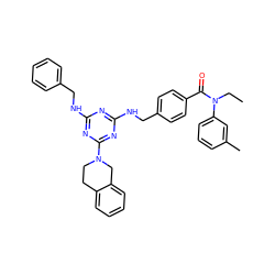 CCN(C(=O)c1ccc(CNc2nc(NCc3ccccc3)nc(N3CCc4ccccc4C3)n2)cc1)c1cccc(C)c1 ZINC000141047396