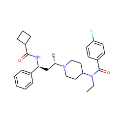 CCN(C(=O)c1ccc(F)cc1)C1CCN([C@@H](C)C[C@H](NC(=O)C2CCC2)c2ccccc2)CC1 ZINC000040863474