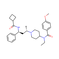 CCN(C(=O)c1ccc(OC)cc1)C1CCN([C@@H](C)C[C@H](NC(=O)C2CCC2)c2ccccc2)CC1 ZINC000040864062