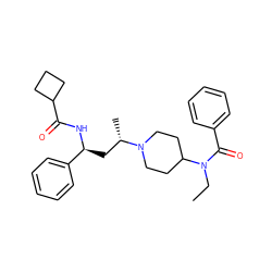 CCN(C(=O)c1ccccc1)C1CCN([C@@H](C)C[C@H](NC(=O)C2CCC2)c2ccccc2)CC1 ZINC000040864067