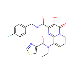 CCN(C(=O)c1cscn1)c1cccn2c(=O)c(O)c(C(=O)NCc3ccc(F)cc3)nc12 ZINC000040431197