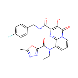 CCN(C(=O)c1nnc(C)o1)c1cccn2c(=O)c(O)c(C(=O)NCc3ccc(F)cc3)nc12 ZINC000040956187