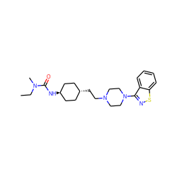 CCN(C)C(=O)N[C@H]1CC[C@H](CCN2CCN(c3nsc4ccccc34)CC2)CC1 ZINC001772615343