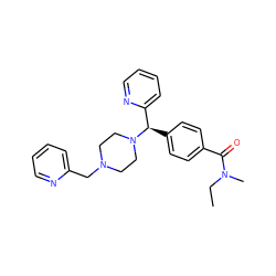 CCN(C)C(=O)c1ccc([C@H](c2ccccn2)N2CCN(Cc3ccccn3)CC2)cc1 ZINC000073167460