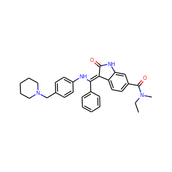 CCN(C)C(=O)c1ccc2c(c1)NC(=O)/C2=C(\Nc1ccc(CN2CCCCC2)cc1)c1ccccc1 ZINC000101234826